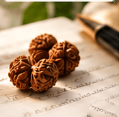 Three Rudraksha beads on a handwritten page beside a fountain pen