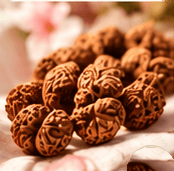 A heap of Rudraksha beads with pale pink blossom out of focus behind