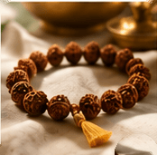 A Rudraksha wrist mala with a gold tassel on cloth, brass vessels behind